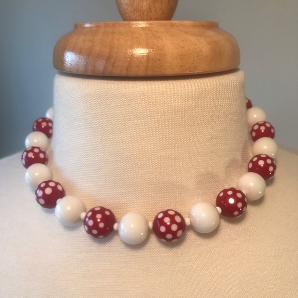 Vintage Jewelry - Vintage West Germany 1950s or 1960s Beaded Necklace Red and White Polkadot Beads